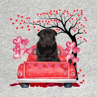 Funny Black Old Pug In Red Car Valentine T-Shirt